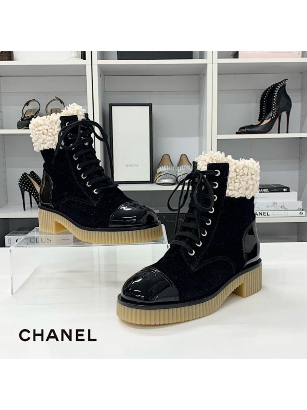 Chanel CC Logo Fabric Patent Fleece Short Boots